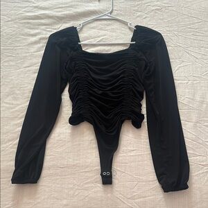 Black Long Sleeve Square Neck Ruched Bodysuit